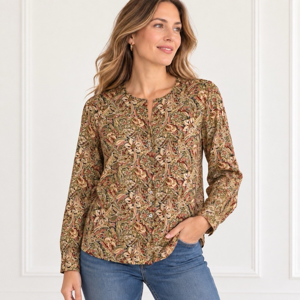 Vintage Silk Blouse Size 12 Floral Olive Brown Romantic Feminine Earthy Cottage